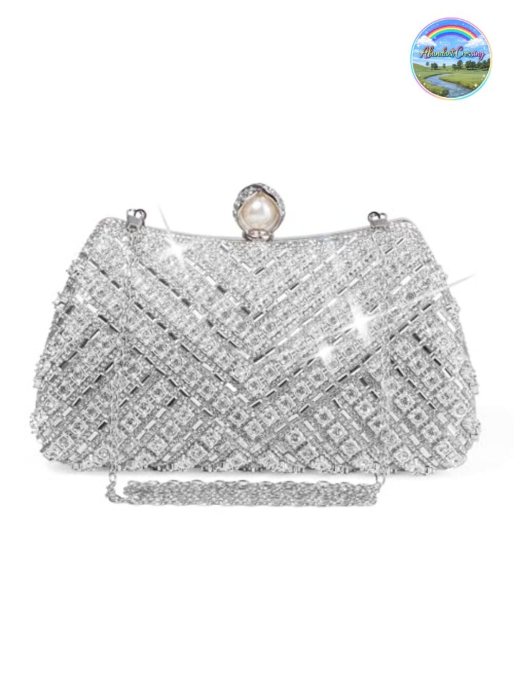 Rhinestone Crystal Satin Evening Clutch with 2 Chains